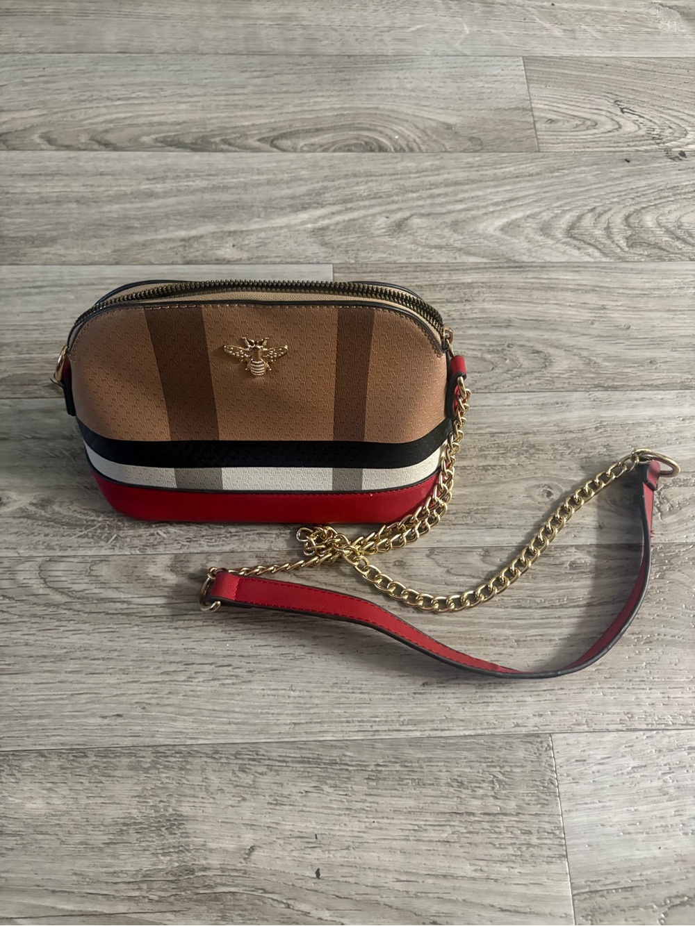 Striped Red and Tan Crossbody Camera Bag with Gold Bee Accent